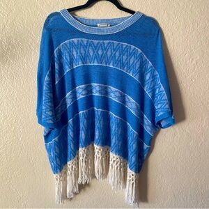Club Monaco Knit Poncho With Fringe Size S Blue White Boho Chic Bohemian Beach